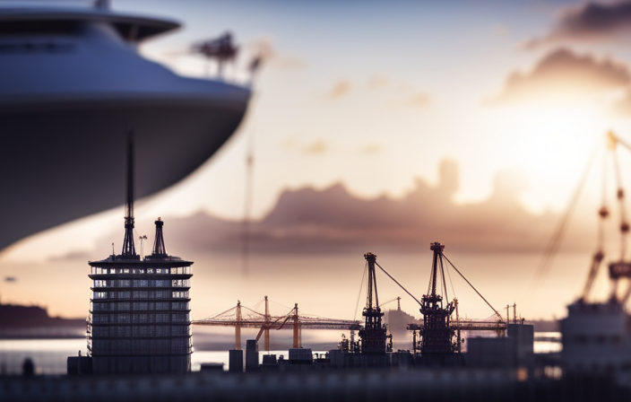 An image showcasing a massive shipyard filled with towering cranes and scaffolding, where skilled workers in hardhats meticulously assemble a majestic cruise ship, showcasing its intricate details and colossal scale