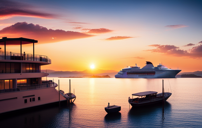 An image showcasing a luxurious cruise ship docked in a vibrant harbor, surrounded by crystal-clear turquoise waters and framed by a breathtaking sunset, evoking a sense of opulence and adventure