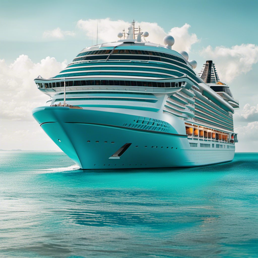 An image showcasing a luxurious cruise ship sailing through crystal-clear turquoise waters, surrounded by breathtaking tropical islands