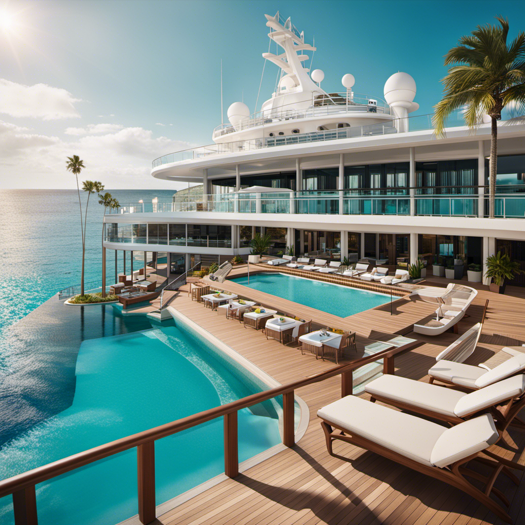 An image capturing a luxurious cruise ship setting, featuring a lavish suite with floor-to-ceiling windows overlooking pristine turquoise waters, a gourmet dining area, and a tranquil pool deck adorned with palm trees and sun loungers