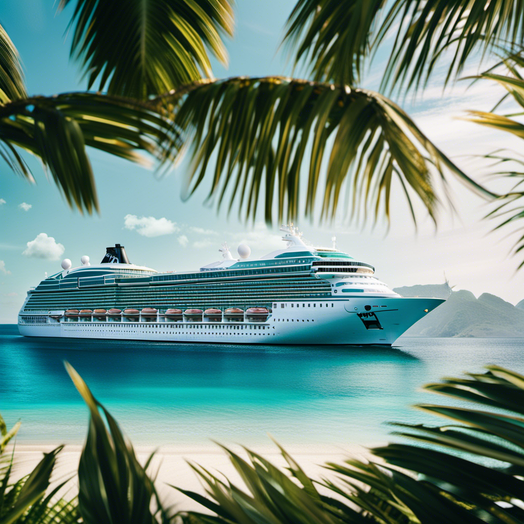 An image of a luxurious cruise ship sailing through crystal-clear turquoise waters, surrounded by palm-fringed tropical islands