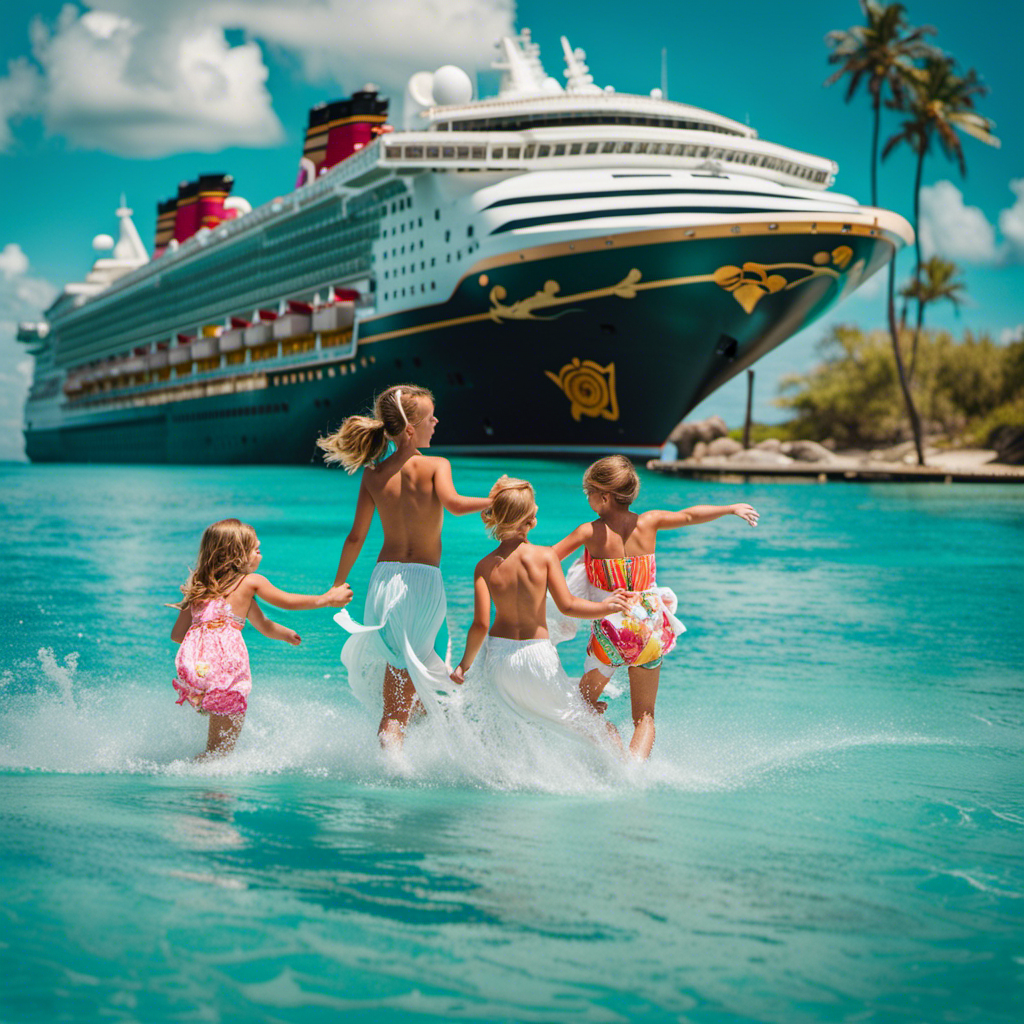 An image showcasing a family joyfully splashing in the crystal-clear turquoise waters of a tropical paradise, surrounded by the iconic Disney Cruise ship, symbolizing the allure and luxury of this magical voyage