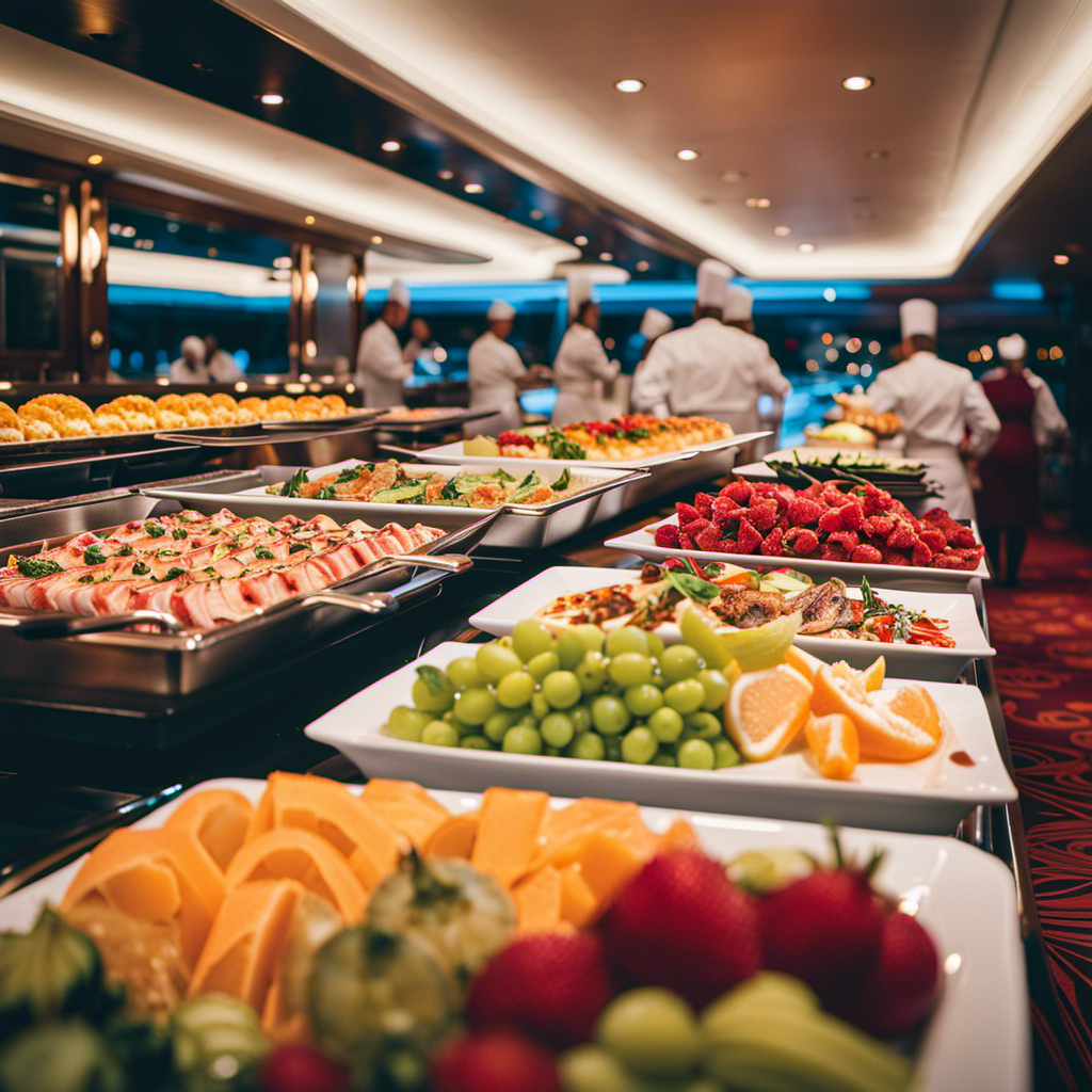 An image showcasing a lavish buffet spread on a cruise ship, adorned with an array of delectable cuisines from around the world