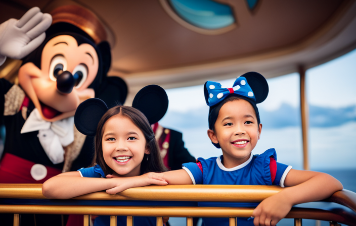 An image showcasing a family of four, joyfully engaging in Disney-themed activities aboard a luxurious cruise ship