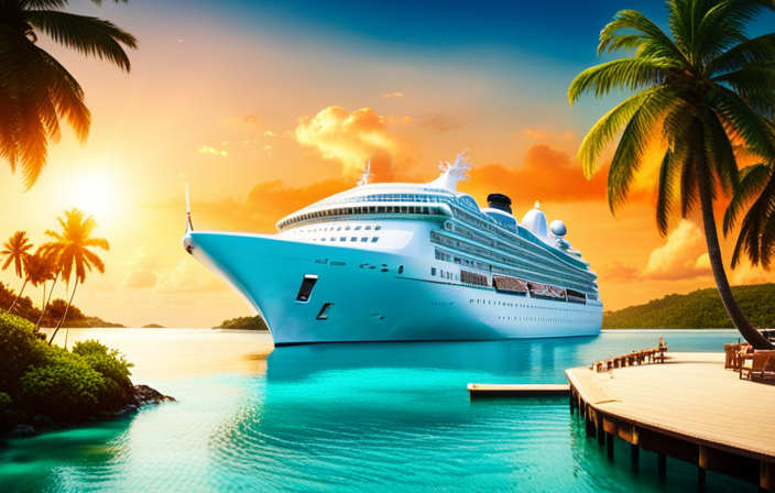 An image showing a pristine white cruise ship anchored in crystal-clear turquoise waters, surrounded by lush tropical islands dotted with palm trees