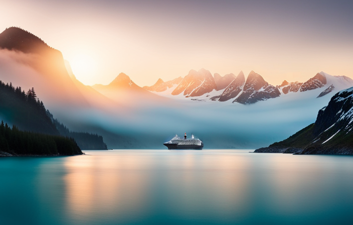 An image showcasing a majestic Alaskan cruise ship gliding through pristine icy waters, surrounded by towering snow-capped mountains, breaching humpback whales, and playful sea otters, capturing the allure and grandeur of an unforgettable Alaskan adventure