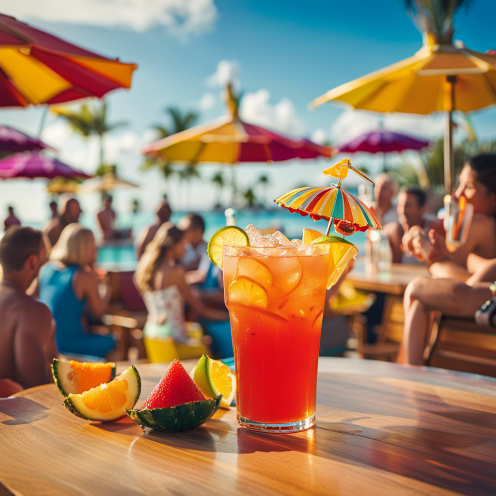 An image showcasing a vibrant Carnival Cruise poolside bar, adorned with colorful tropical umbrellas, where a cheerful bartender serves an ice-filled bucket brimming with frosty bottles of beer, while guests relax in the background, enjoying the sun-soaked atmosphere