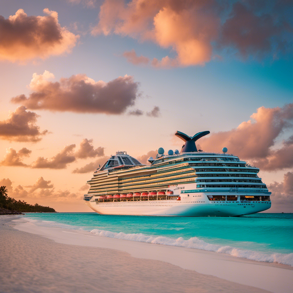 An image showcasing the vibrant hues of a Caribbean sunset, with a majestic Carnival cruise ship gliding through crystal-clear turquoise waters towards the pristine white sandy beaches of the Bahamas
