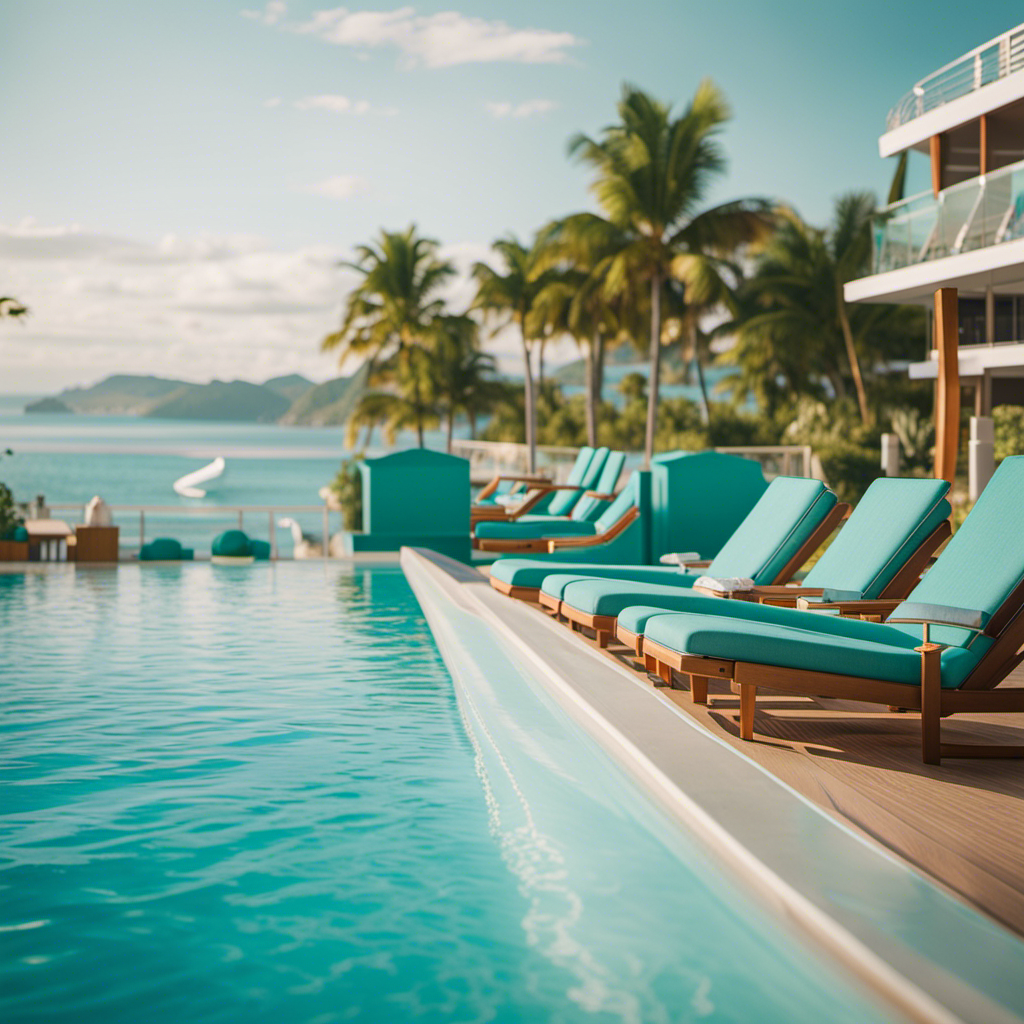 An image showcasing a serene cruise ship gliding through turquoise waters, adorned with vibrant deck chairs, while a couple joyfully lounges by the pool, evoking a sense of luxury and relaxation