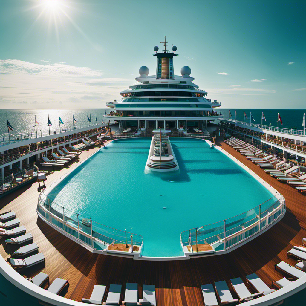 An image showcasing a luxurious cruise ship sailing on a serene turquoise sea, adorned with vibrant deck chairs, sun umbrellas, and a panoramic view of the ship's grandeur, inviting readers to discover the cost of this extraordinary voyage