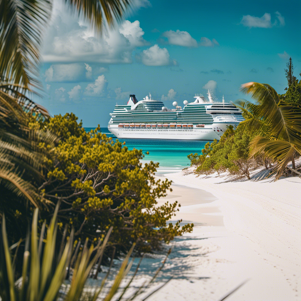 An image showcasing the turquoise Caribbean Sea, a majestic cruise ship anchored near Cozumel's vibrant coral reefs, surrounded by white sandy beaches, lush palm trees, and a picturesque Mexican town in the background