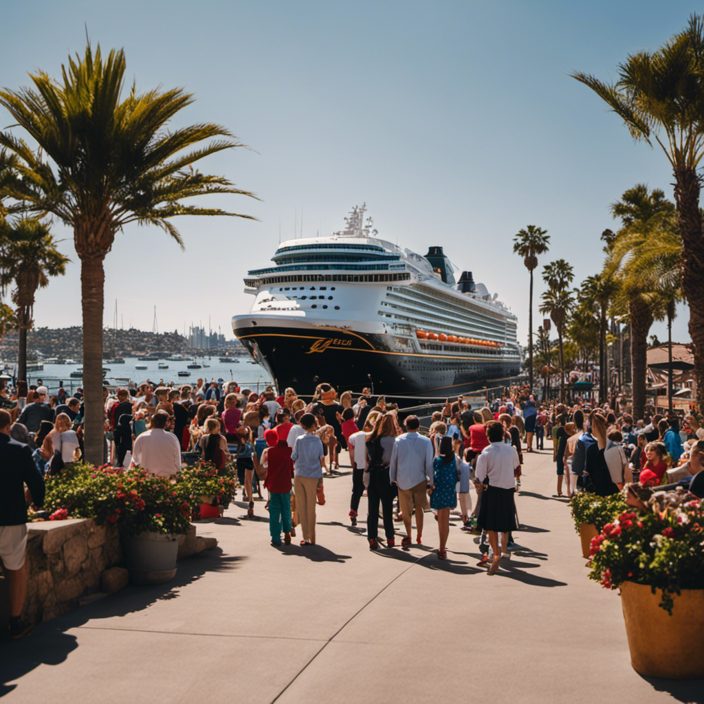 An image showcasing a picturesque San Diego harbor scene with a magnificent Disney cruise ship docked, adorned with vibrant logos, and surrounded by excited families, hinting at the enchanting experience awaiting sea-bound adventurers