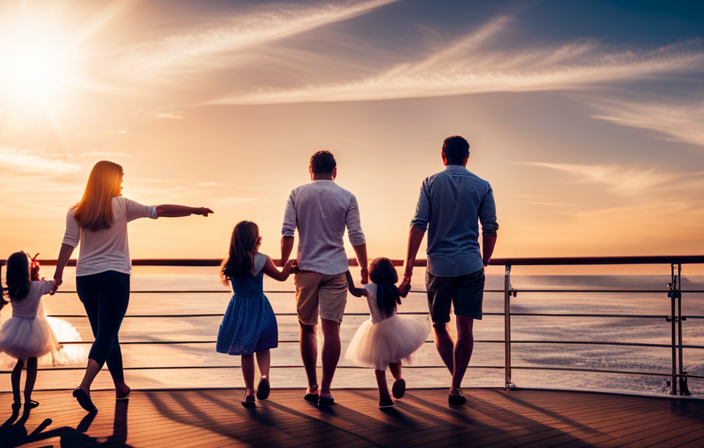 An image showcasing a vibrant family of four, eagerly exploring the sun-soaked decks of a majestic Disney Cruise ship, surrounded by cheerful crew members, sparkling pools, and iconic Disney characters