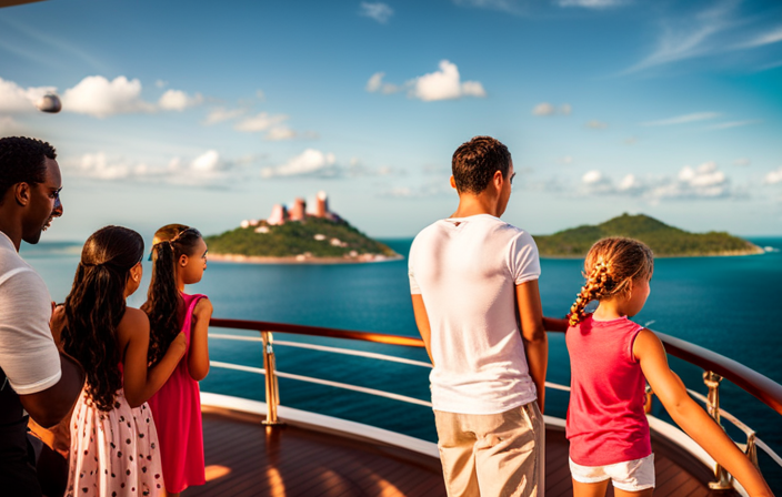 An image featuring a family of four standing on the deck of a majestic Disney cruise ship, surrounded by turquoise waters and lush tropical islands, showcasing the magical experience of a Disney cruise vacation