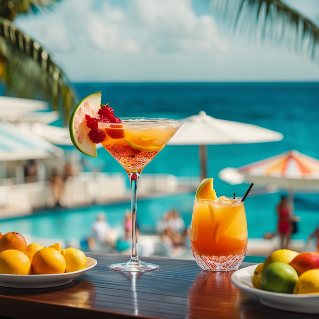 An image showcasing a vibrant poolside scene on a cruise ship, featuring a waiter elegantly serving a refreshing cocktail adorned with colorful tropical fruits, while guests relax under parasols and enjoy the breathtaking ocean view