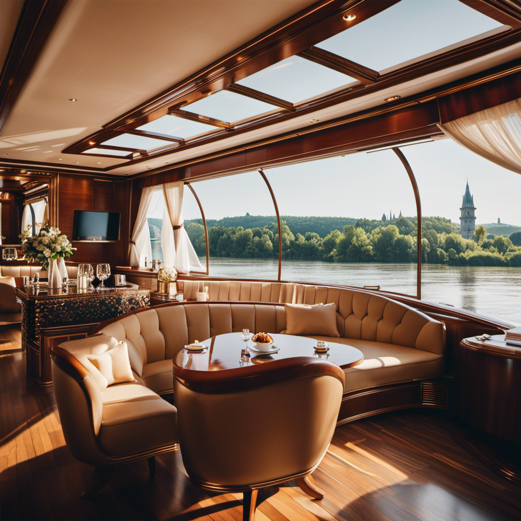 An image showcasing a luxurious European river cruise: A sleek, elegant riverboat gliding through the pristine waters of the Danube, adorned with panoramic windows, sun-kissed terraces, and lavish interiors