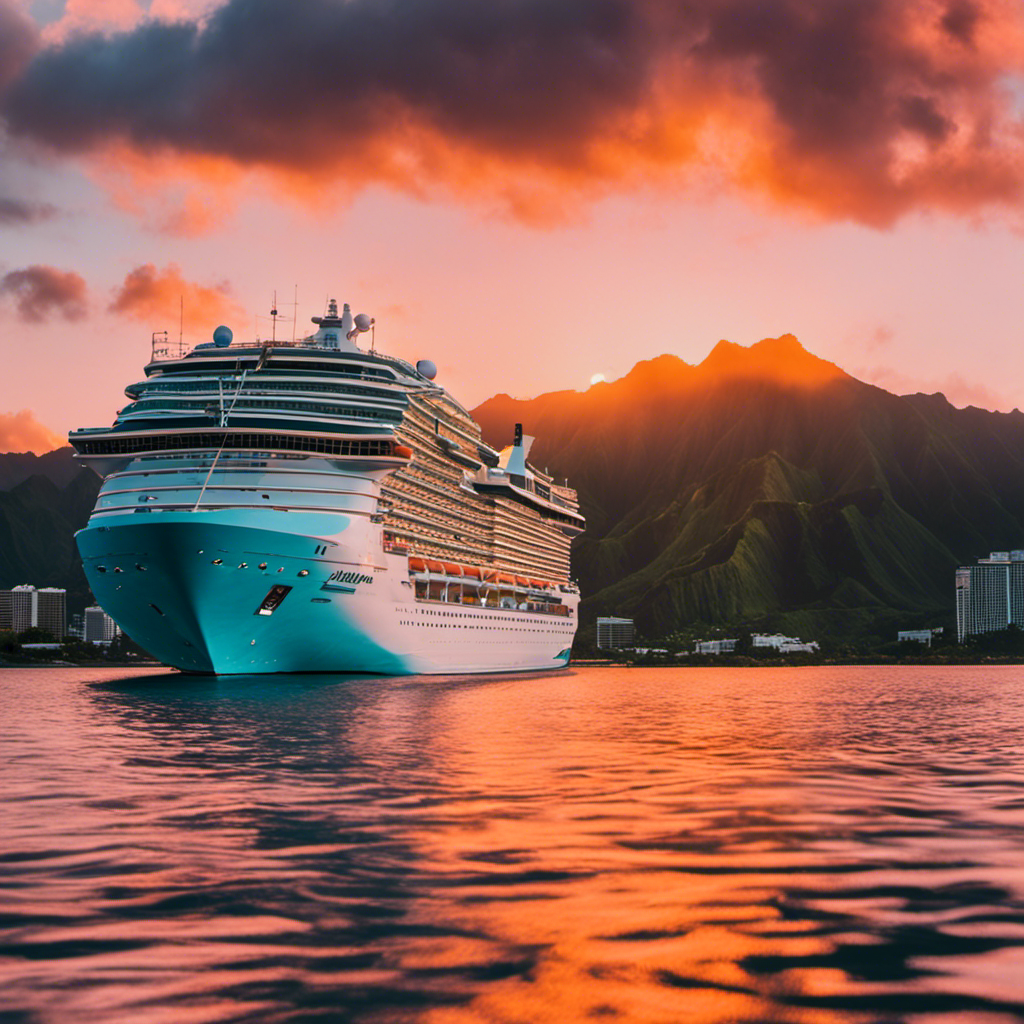 An image showcasing the breathtaking beauty of a Hawaiian cruise - a vibrant sunset paints the sky with hues of orange and pink, as a luxurious cruise ship glides through crystal-clear turquoise waters, surrounded by lush tropical islands