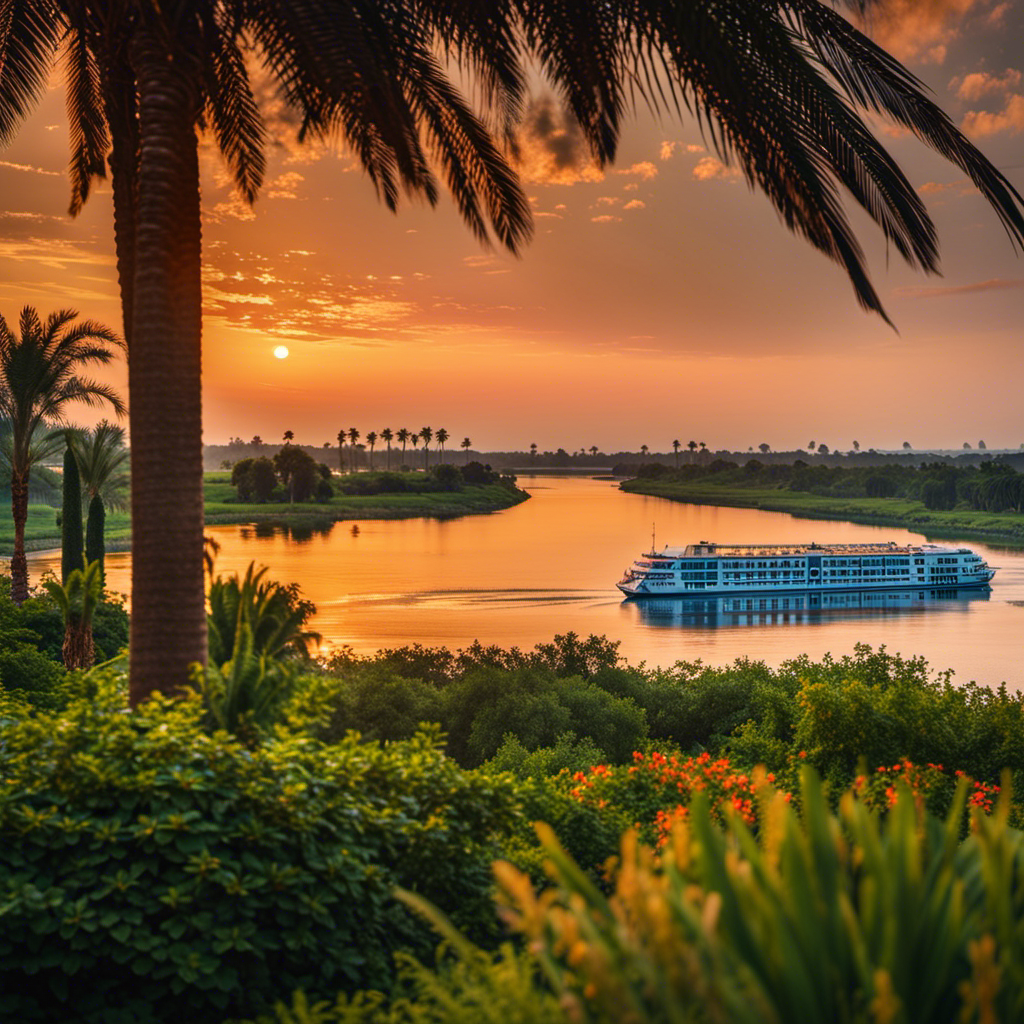 An image showcasing a majestic Nile River cruise: A luxurious riverboat, adorned with elegant furnishings, gliding along the tranquil turquoise waters, framed by lush green banks, with the sun setting in a fiery orange sky