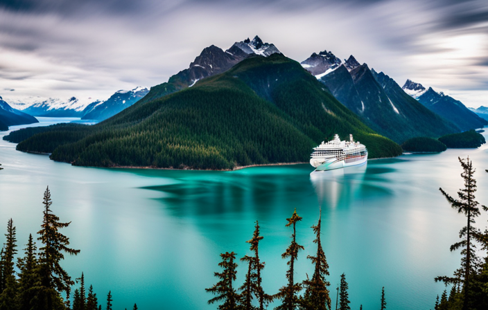 An image showcasing a luxurious cruise ship sailing through the breathtaking Alaskan wilderness