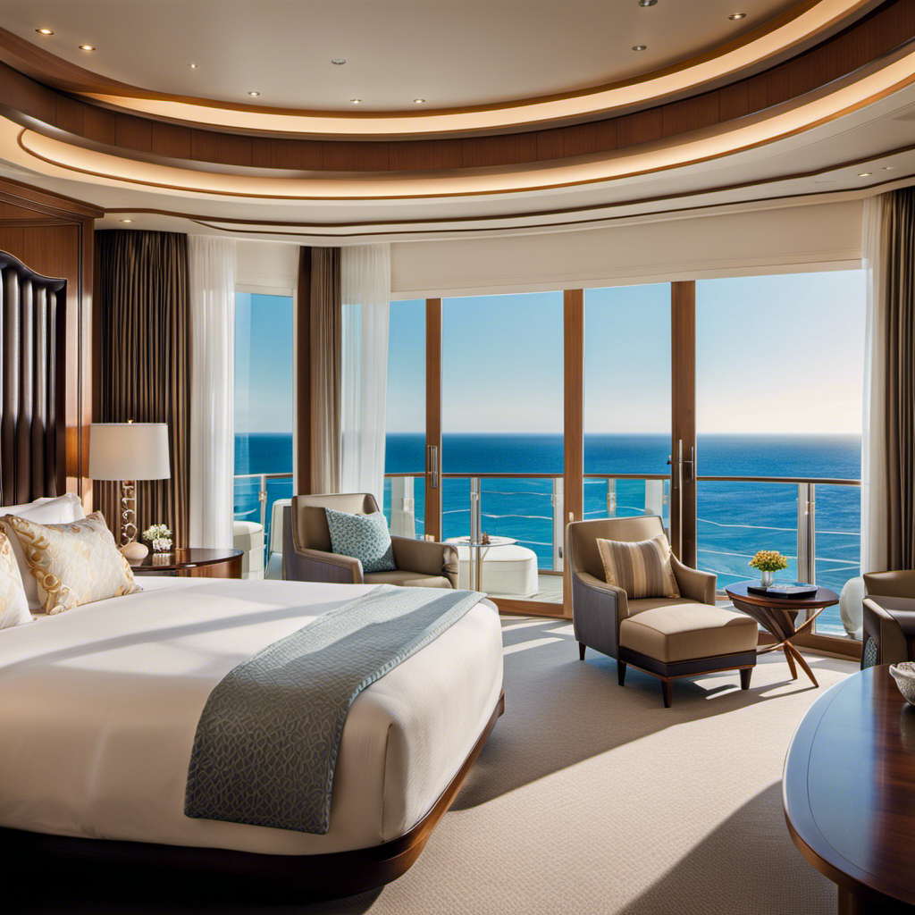 An image showcasing the opulence of a Regent Cruise: a spacious, elegantly furnished suite with floor-to-ceiling windows revealing panoramic ocean views, a plush king-sized bed adorned with luxurious linens, and a private balcony for ultimate relaxation