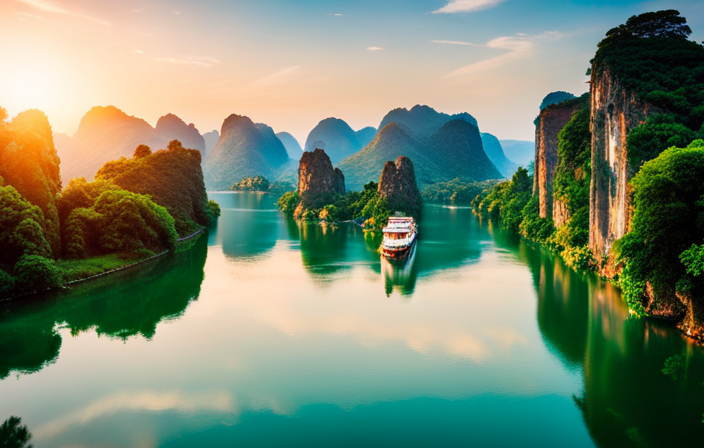 An image showcasing a serene river meandering through lush landscapes, adorned with elegant riverboats gliding gracefully along its shimmering waters