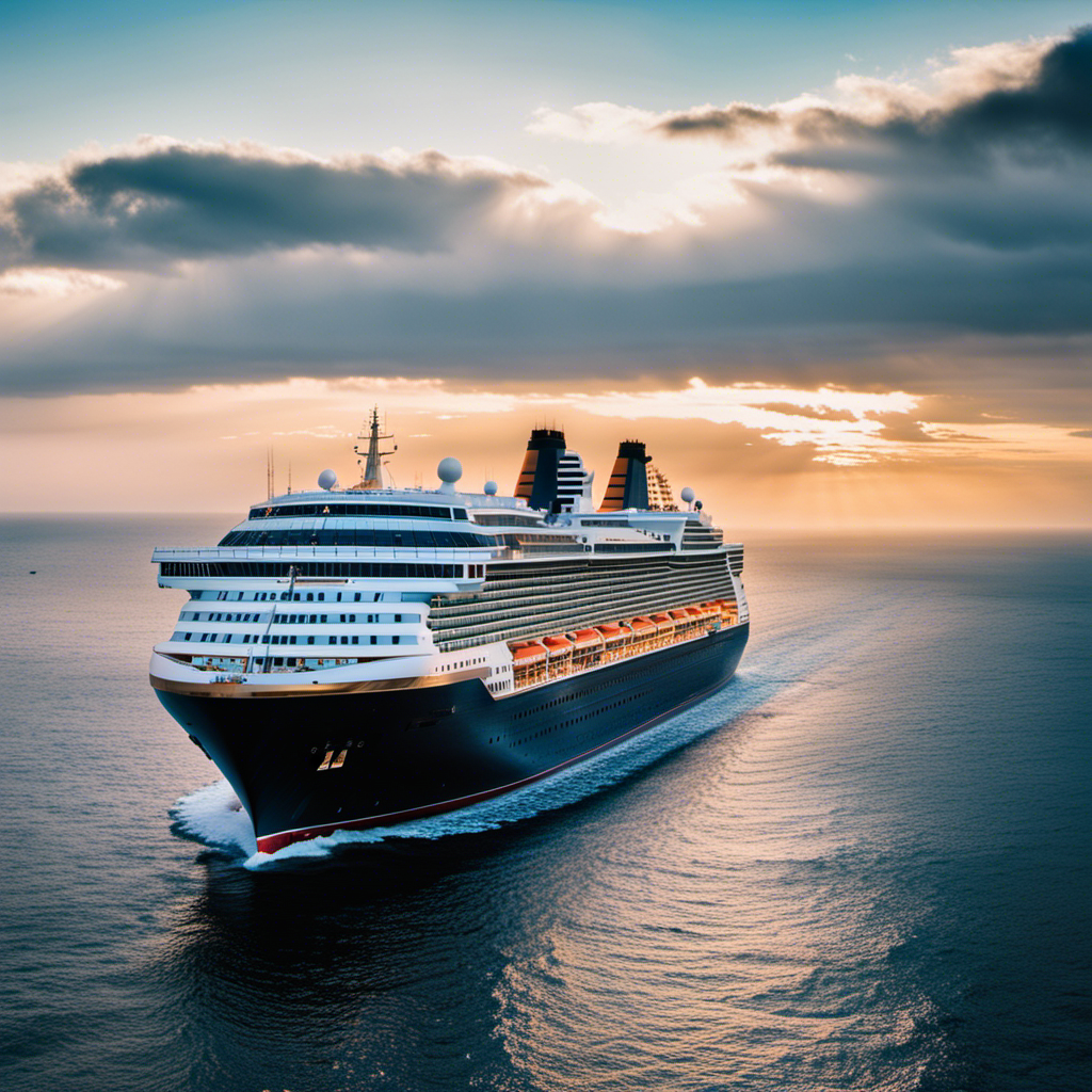 An image showcasing a luxurious ocean liner gliding across the vast expanse of the Atlantic Ocean, adorned with elegant decks, sparkling pools, and panoramic windows, inviting readers to explore the wonders of a Transatlantic Cruise