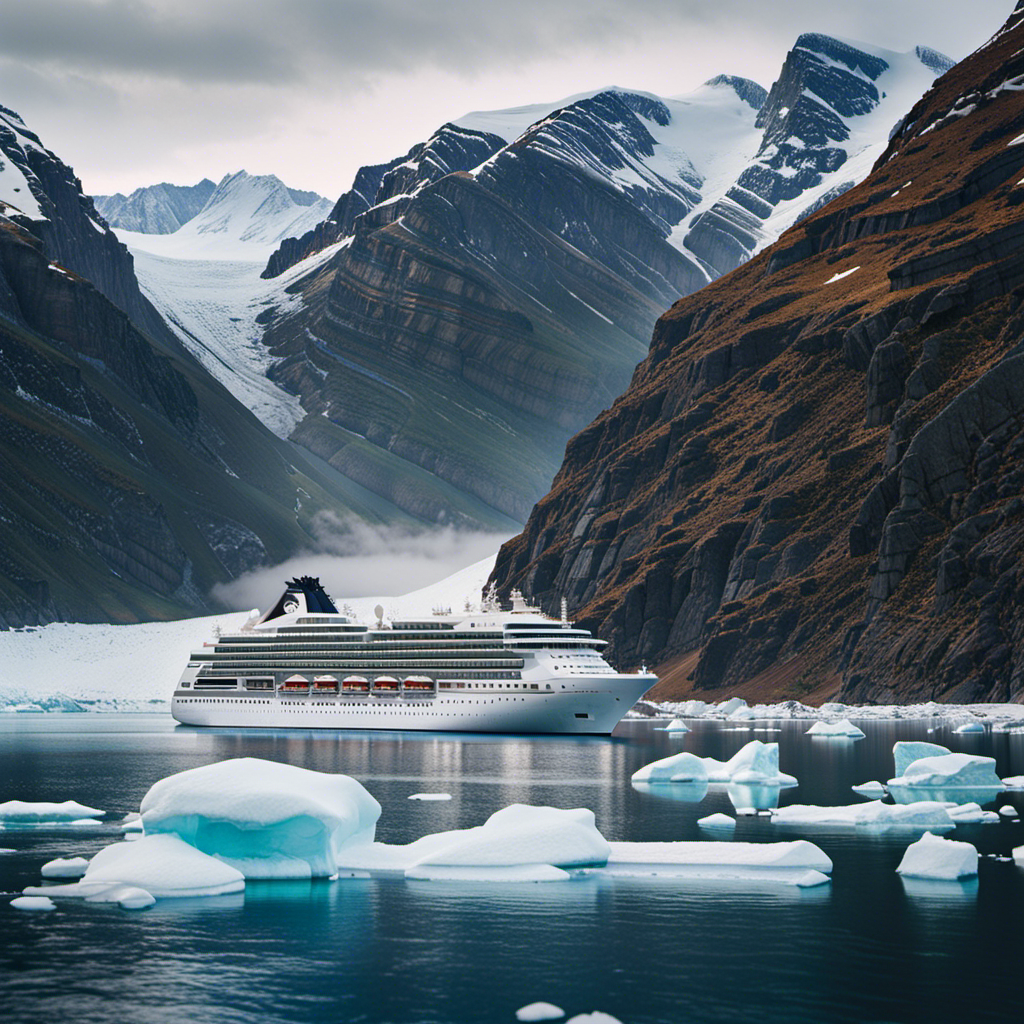 An image showcasing a luxurious Viking cruise ship gliding through pristine Arctic waters, surrounded by towering icy cliffs and snow-capped mountains, highlighting the opulence and grandeur that awaits adventurers seeking to uncover the cost of this extraordinary voyage