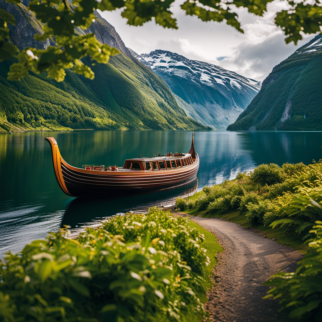 An image that showcases a picturesque Viking longship gracefully meandering through breathtaking Scandinavian fjords, enveloped by towering snow-capped mountains and lush greenery