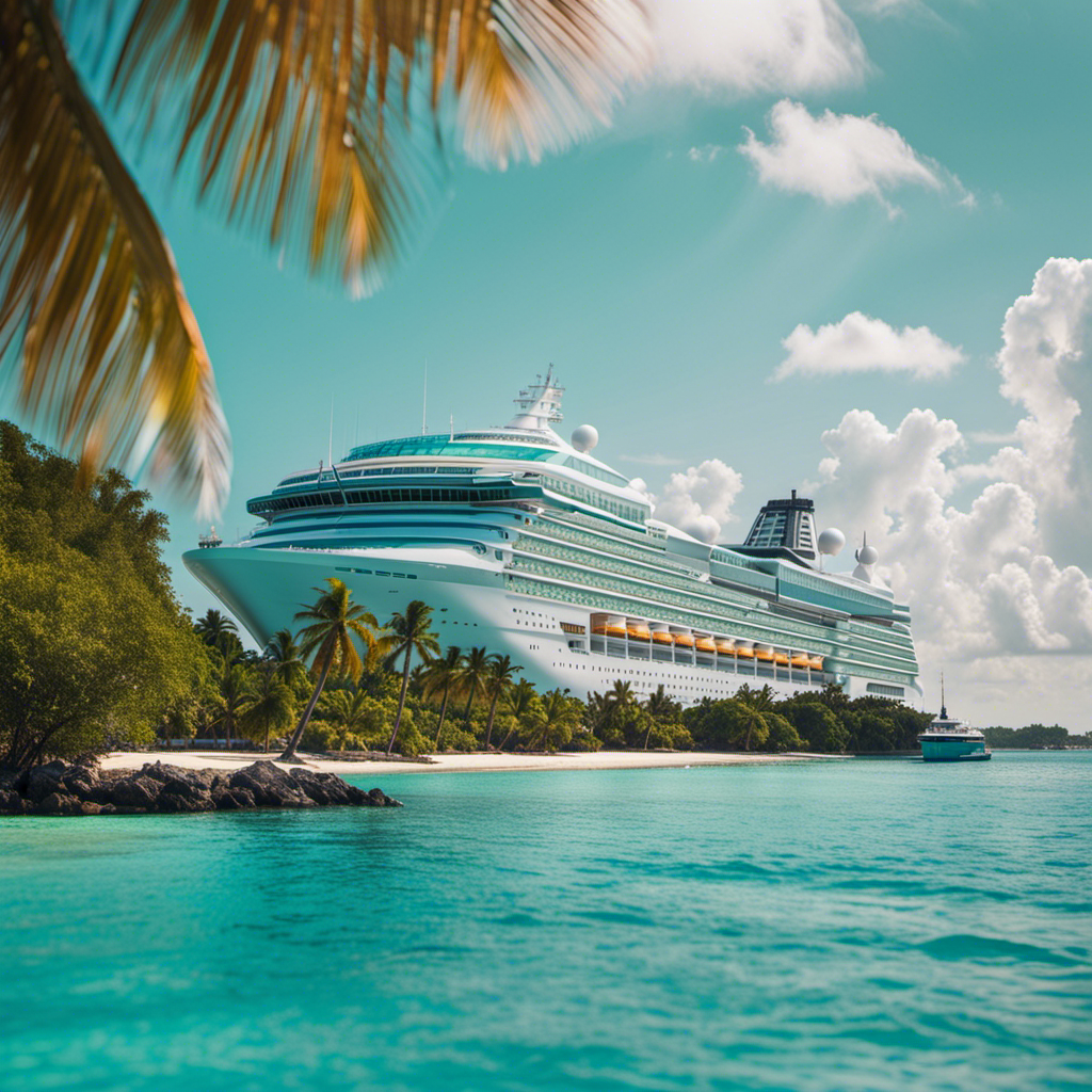 An image showcasing a sun-kissed tropical paradise, with a luxurious cruise ship majestically sailing through crystal-clear turquoise waters towards the vibrant, palm-fringed shores of the Bahamas