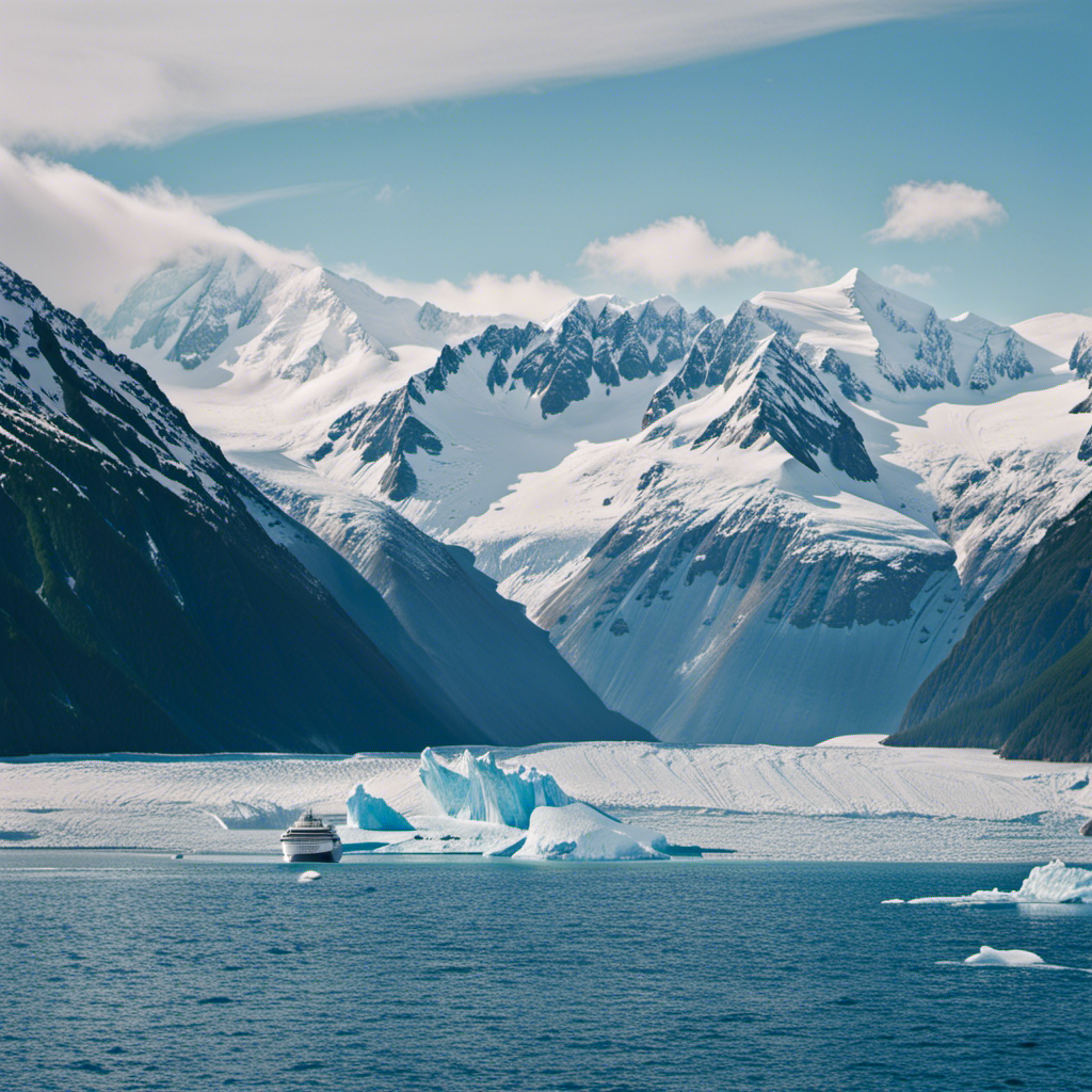 An image depicting a majestic Alaskan cruise ship sailing through icy blue waters, surrounded by towering snow-capped mountains, sparkling glaciers, and breaching humpback whales, showcasing the awe-inspiring beauty and adventure awaiting travelers