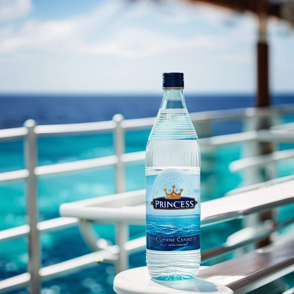 An image showcasing a pristine, sparkling bottle of water adorned with the Princess Cruise logo, resting on the deck railing against a backdrop of turquoise blue ocean waves and the ship's elegant silhouette