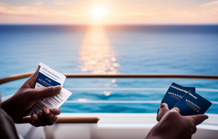 An image showcasing a serene blue ocean backdrop with a luxurious Royal Caribbean cruise ship, while a hand gently places a travel insurance document on a deck chair, capturing the essence of peace and security