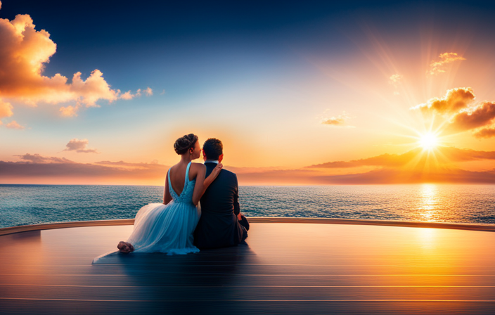 An image depicting a couple on a luxurious cruise ship, surrounded by crystal clear blue waters and a breathtaking sunset backdrop