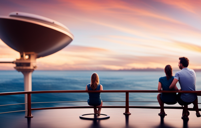 An image showcasing a family on a Disney cruise ship's deck, engrossed in their devices, with the ship's satellite dish prominently visible, symbolizing the question of how much the onboard WiFi costs