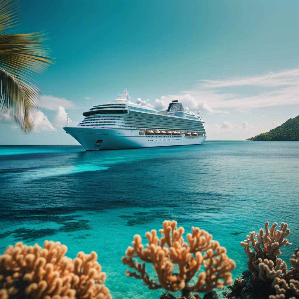 An image showcasing a serene ocean view with a luxurious cruise ship, surrounded by vibrant coral reefs, as a backdrop