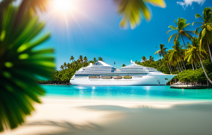 An image showcasing a stunning cruise ship sailing through crystal clear turquoise waters, surrounded by vibrant green palm trees