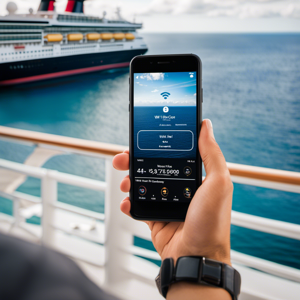 An image depicting a serene ocean view from a cruise ship's deck, with a person holding a smartphone showing the Wi-Fi connection icon