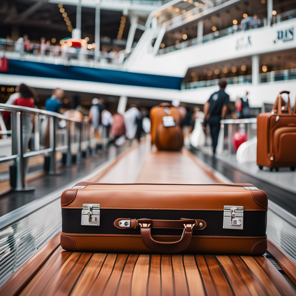 An image showcasing a cruise ship deck with a variety of luggage sizes, ranging from large suitcases to compact carry-ons, neatly arranged alongside a sign displaying luggage weight restrictions for passengers