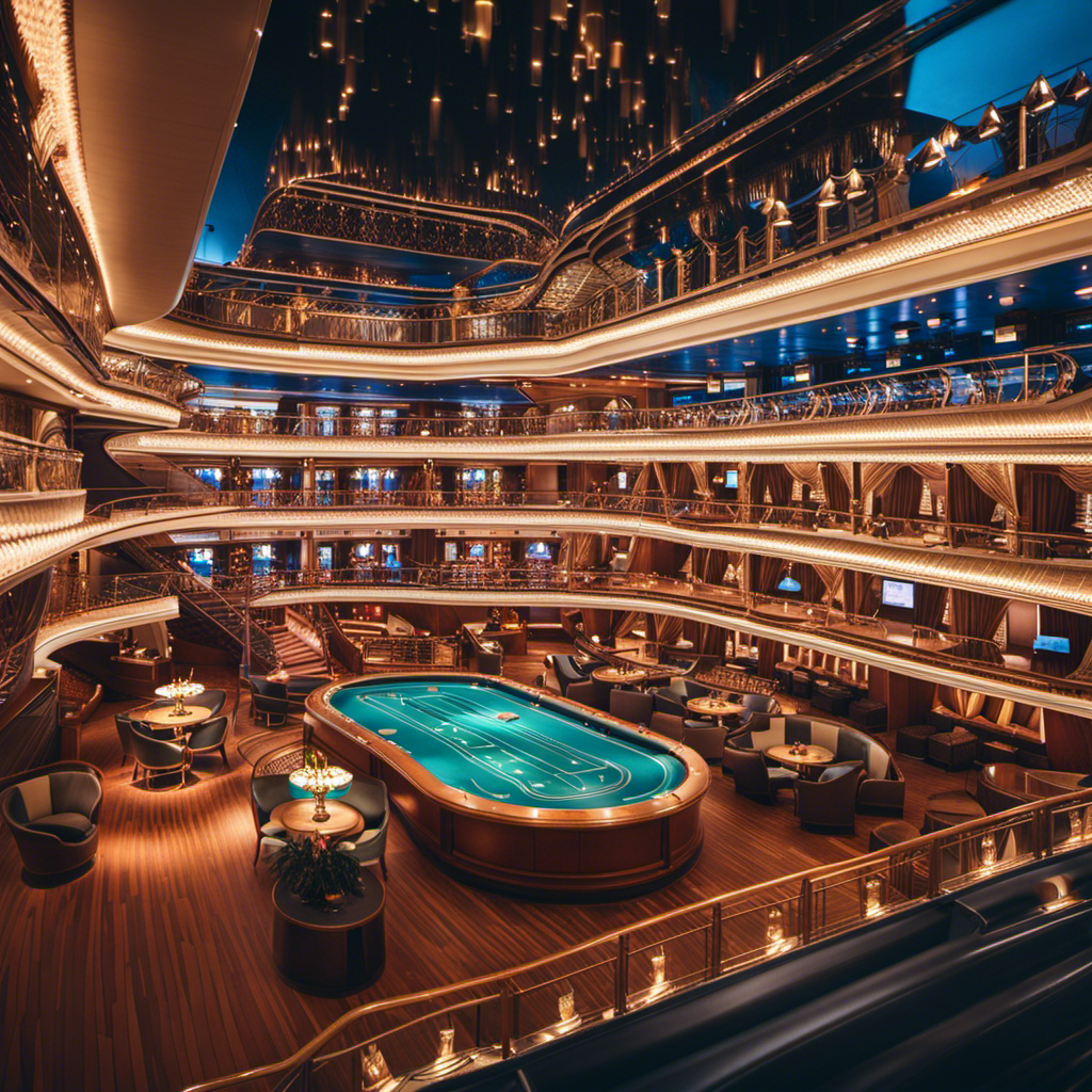 An image showcasing a bustling cruise ship deck, adorned with pristine swimming pools, luxurious cabanas, and a lively casino, capturing the opulence and extravagance that symbolizes the immense profits generated by cruise ships