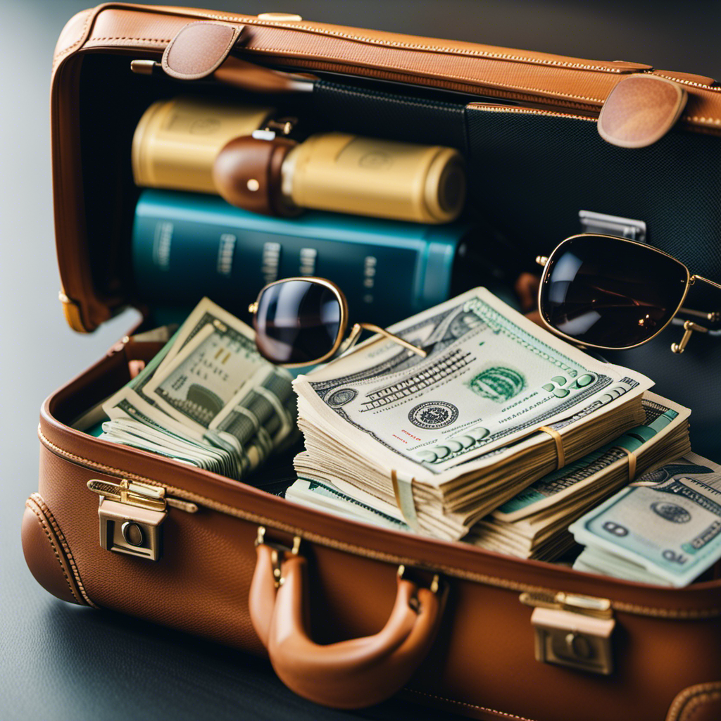 An image of a suitcase filled with neatly folded stacks of cash, surrounded by travel essentials like a passport, sunglasses, and a cruise ticket