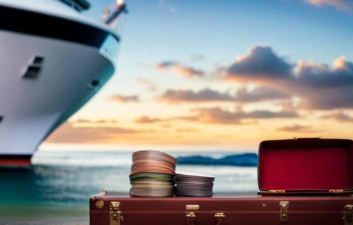 An image showcasing a vibrant beach scene, with a suitcase overflowing with colorful currency from different countries, alongside a cruise ship in the background, evoking curiosity about the ideal amount of money to bring on a cruise