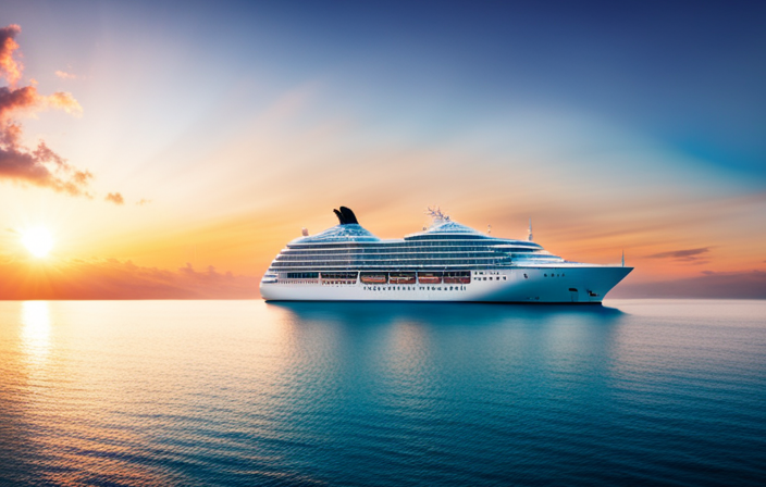 An image showcasing a panoramic view of a luxurious cruise ship, adorned with elegant decks, sleek lines, and gleaming glass windows, floating gracefully on pristine turquoise waters against a backdrop of a stunning sunset