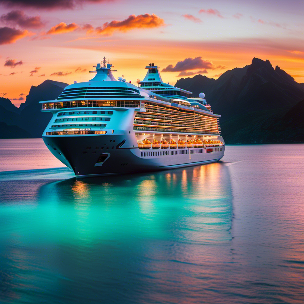 Nt image displaying a tropical sunset backdrop with a luxurious cruise ship anchored in crystal-clear turquoise waters