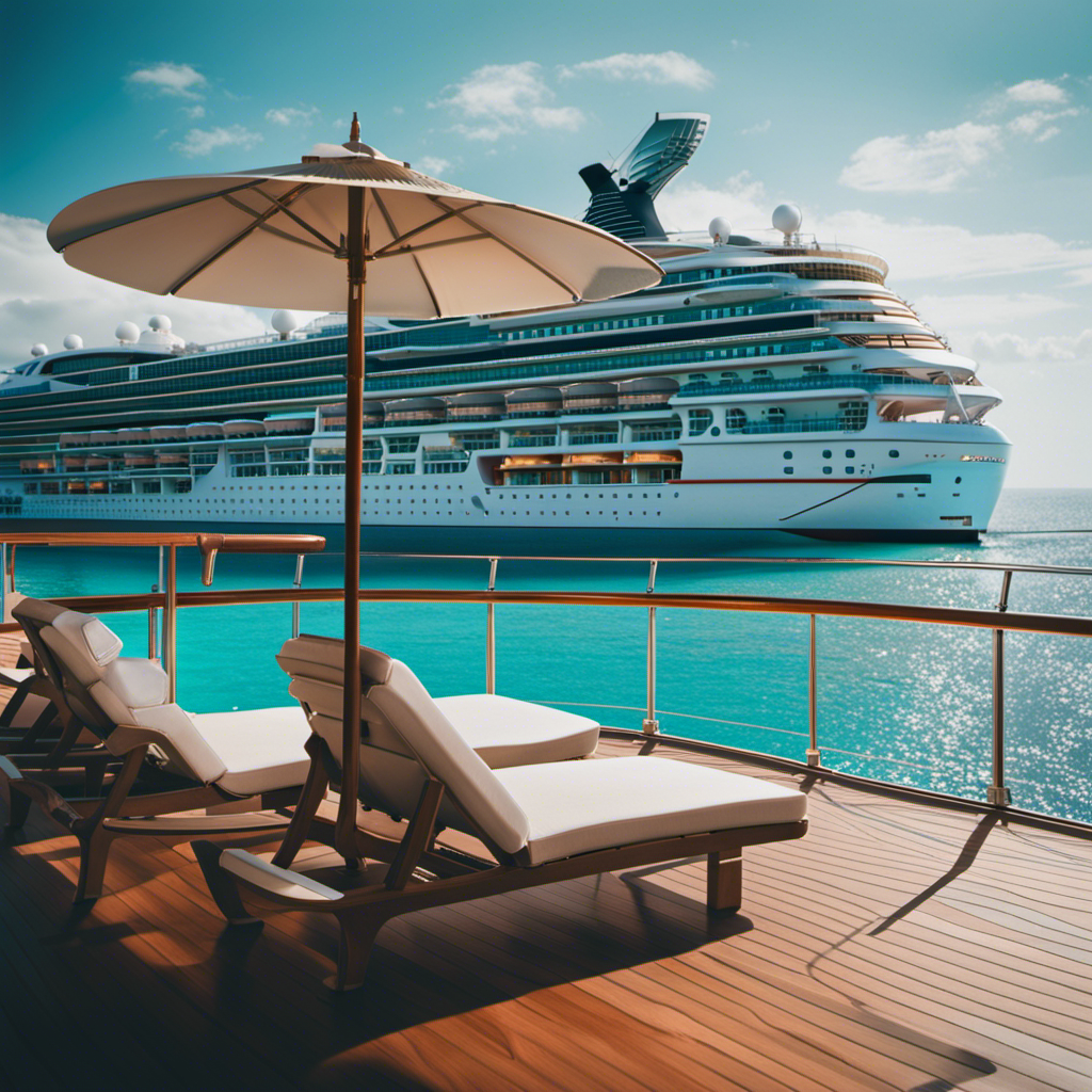 An image showcasing a luxurious cruise ship's serene deck, adorned with stylish loungers and umbrellas, overlooking crystal-clear turquoise waters