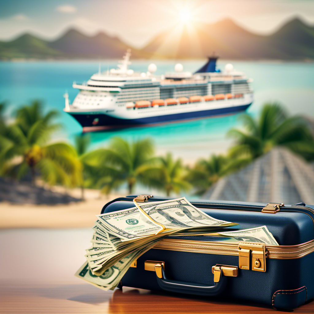 An image featuring a sunny beach backdrop with a vibrant cruise ship docked at a tropical port