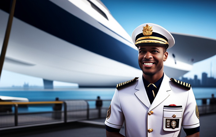 An image showcasing a smiling porter at a cruise terminal, dressed in a crisp uniform, extending his hand to receive a tip from a contented passenger, with a backdrop of majestic cruise ships and bustling waterfront