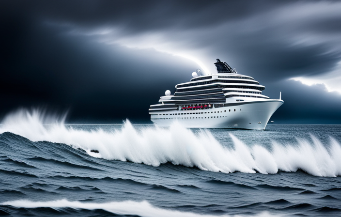 An image capturing the drama of a colossal cruise ship battling fierce waves amidst a tempestuous storm, with dark storm clouds looming overhead and lightning bolts illuminating the turbulent sea