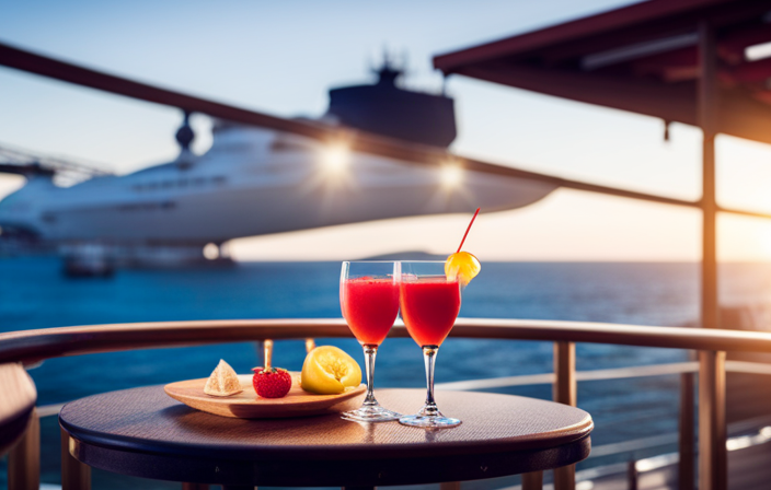 An image showcasing a serene deck scene on a cruise ship, with two distinct areas: one adorned with vibrant cocktails and a sign indicating "21+" and another with refreshing mocktails and a sign saying "18+"