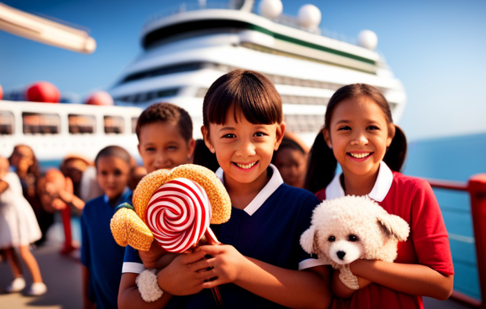 An image showcasing a vibrant carnival cruise ship, where a group of joyful children, playfully clutching stuffed animals and oversized lollipops, excitedly queue up at the ship's entrance, their eager faces mirroring their anticipation of gambling