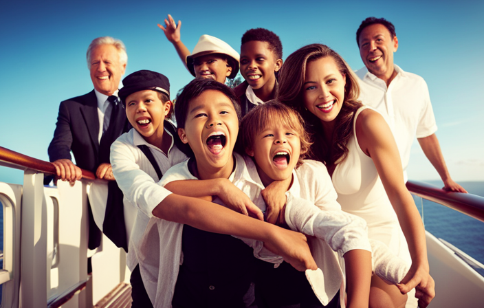 An image showing a diverse group of excited children, dressed in vacation attire, happily boarding a luxurious cruise ship, with parents and crew members smiling and waving them off